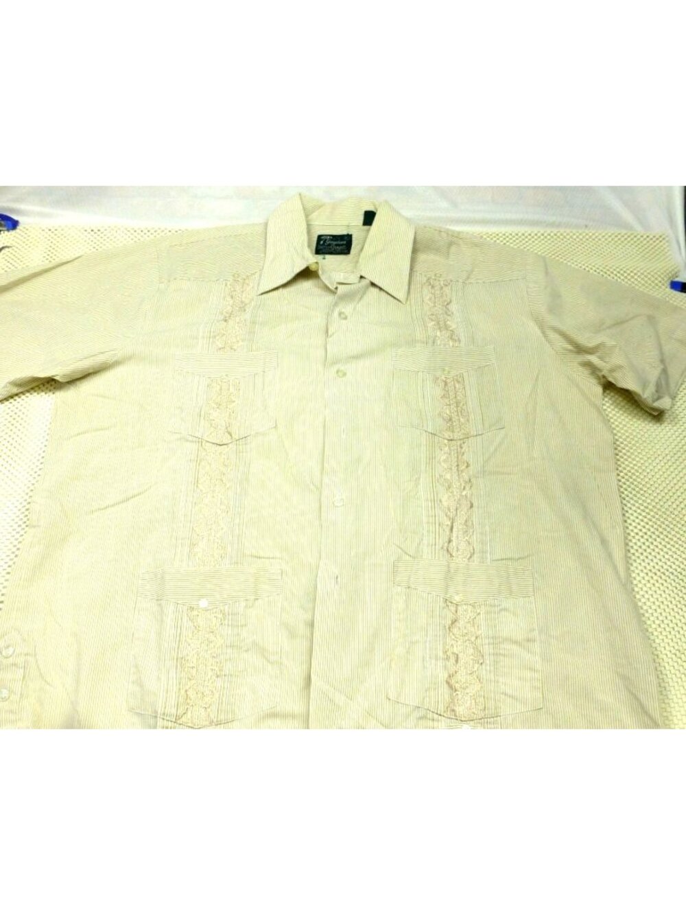 Guayabera By Haband Mens XL Beige Striped Short Sleeve 4 Pocket Cuban Shirt